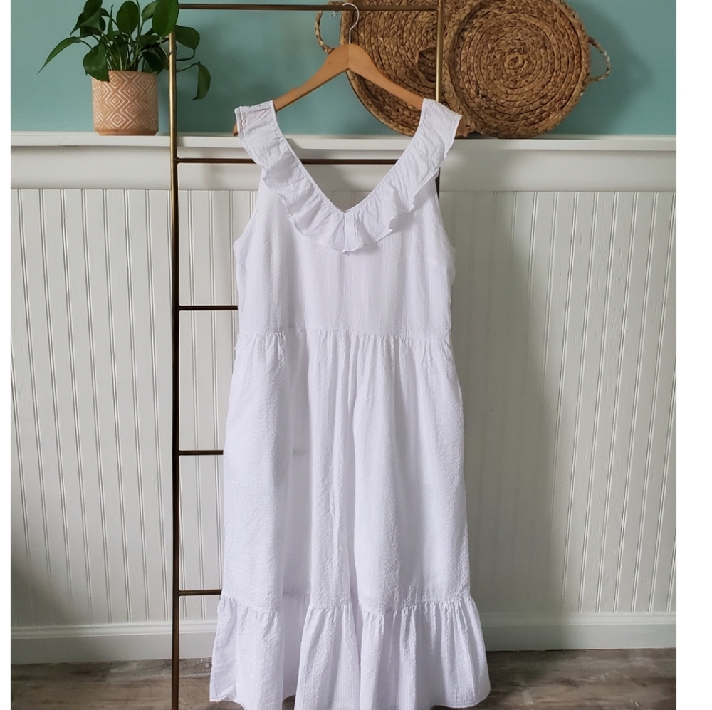 Vineyard Vines Dress White Ruffle V Neck Midi Cotton